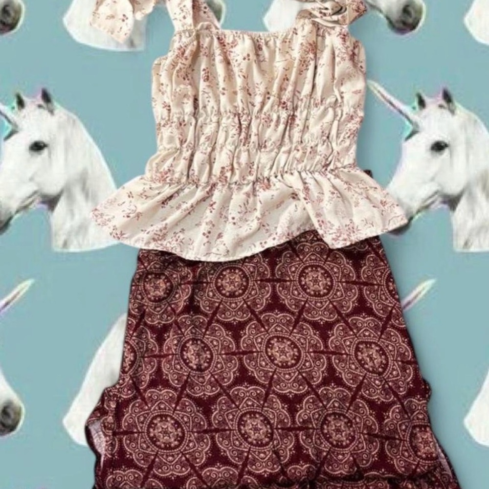 Floral Cream Ruffle Tank with Burgundy Printed Skirt Set